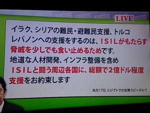 安倍首相のエジプト演説（２０１５・０１・１７）からの抜粋（BSフジ・プライムニュースより） 